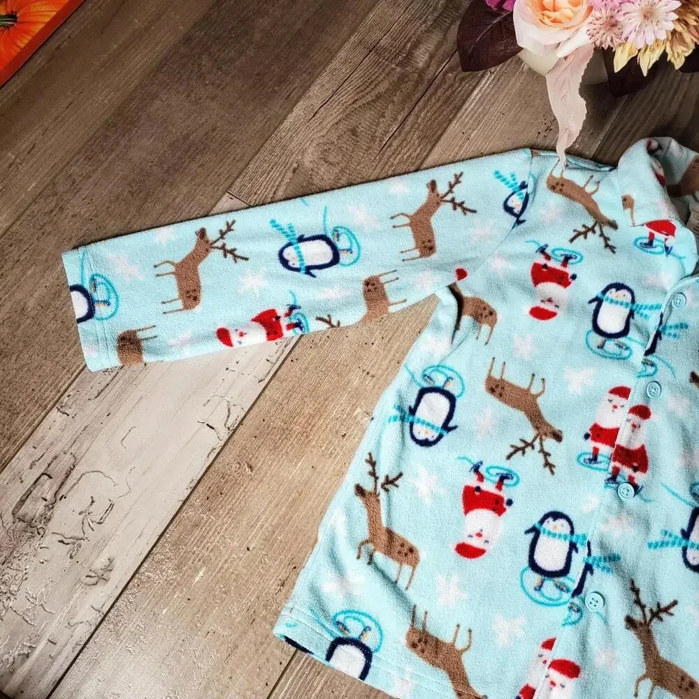 Gymboree Blue Winter Christmas Santa Penguin Reindeer Size 5/6 Fleece PJ Set